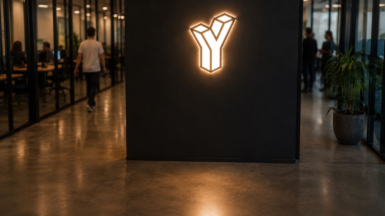 Yathra logo glowing on an office wall
